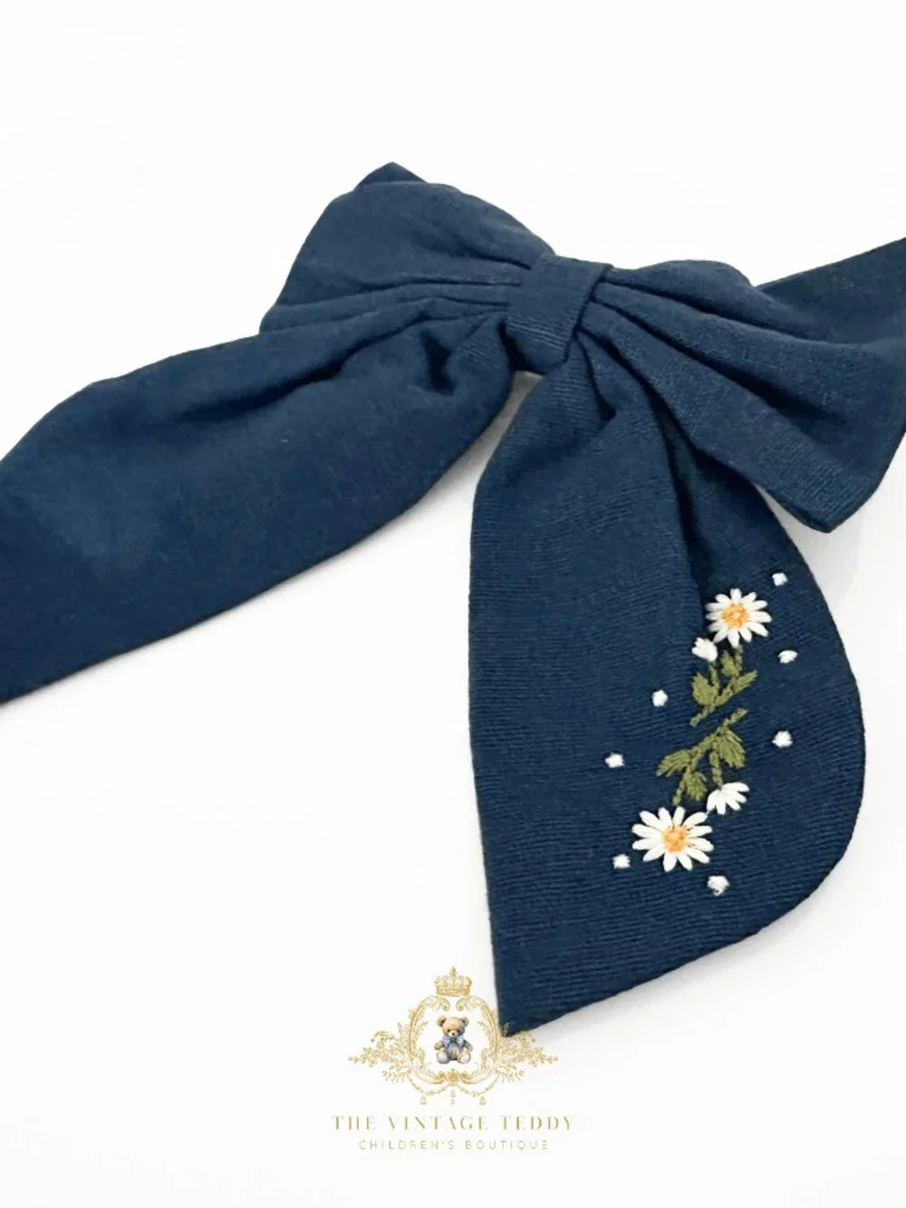 NWT Lovely Girls Embroidered Floral Hair Bow Clip-On Kids Hair Accessory Navy